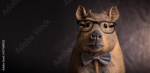 Studio portrait of capybara wearing glasses and bow tie with a lot of copy space around