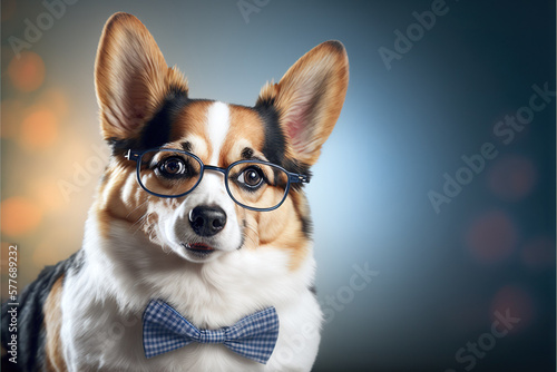 Studio portrait of cute corgi dog wearing glasses and bow tie with a lot of copy space around © oleksandr.info