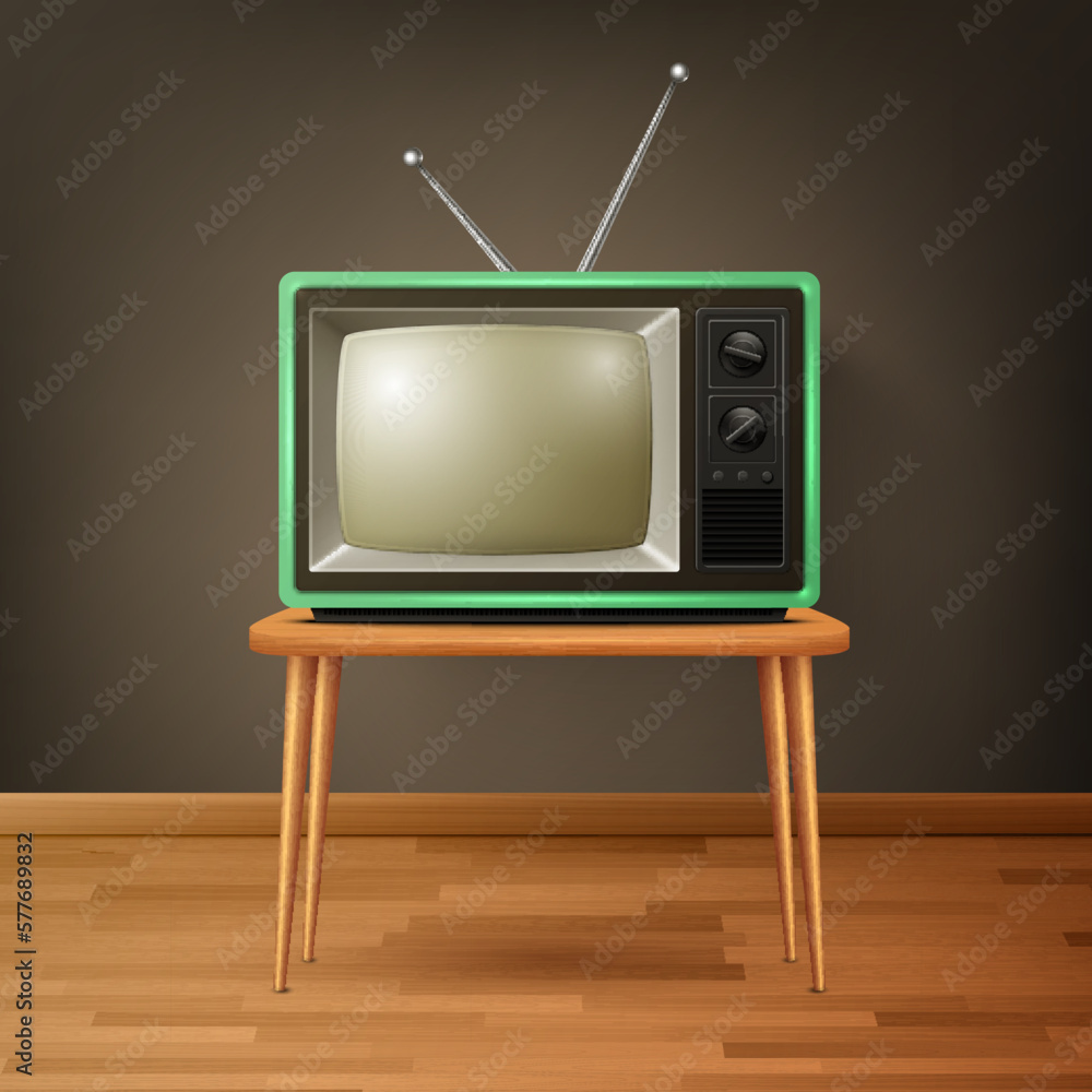 Vector 3d Realistic Retro TV Receiver on Wooden Floor. Home Interior Design Concept. Vintage TV Set, Television, Front View