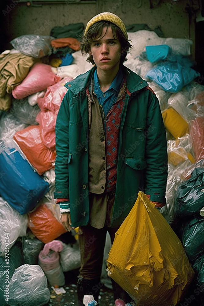 Fototapeta premium Boy in Garbage Dump: Environmental Issues and Waste