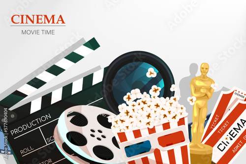 Cinema movie time. Art movie watching with popcorn, 3d glasses and film-strip cinematography concept. Vector illustration EPS10
