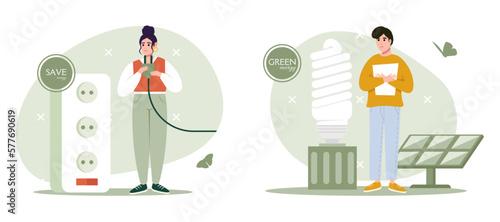 Green energy illustration set. Characters reduce energy consumption at home. Power save concept. Household energy and resources, meter installation