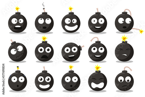 Cartoon bomb emotions set. Doodle explosive round weapon mascot with funny cartoon faces and expressions.