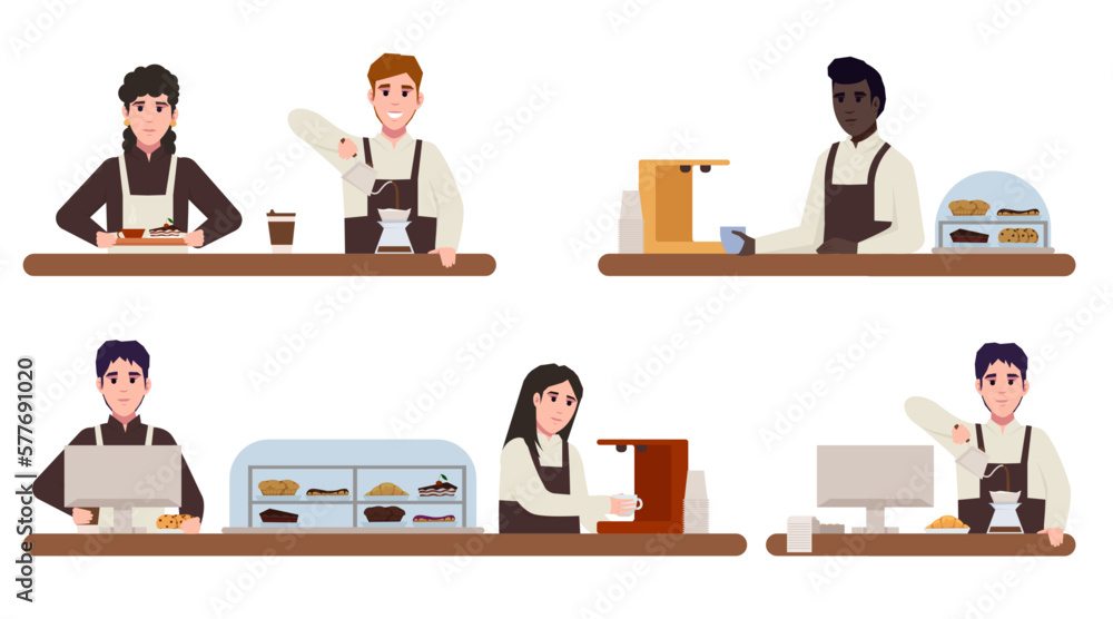 Barista is making hand drip coffee. Barista in apron making Coffee, cappuccino, pouring milk to coffee. Coffee queue, cartoon male an female morning crowd Barista is making hand drip coffee. Barista in apron making Coffee, cappuccino, pouring milk to coffee. Coffee queue, cartoon male an female morning crowd