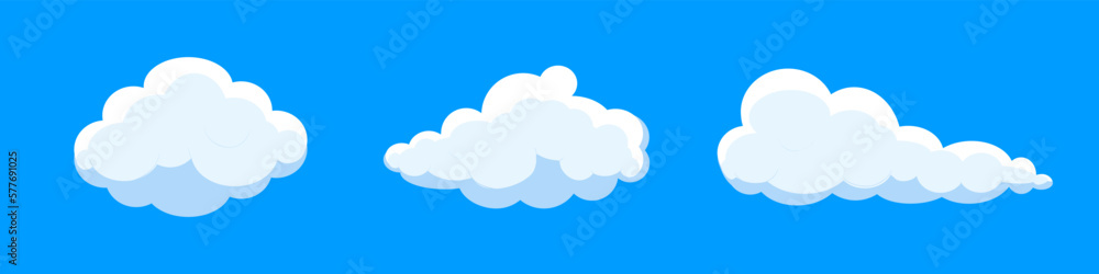 White cartoon clouds set isolated on blue background. Collection of different clouds for background template, wallpaper and fluffy sky design. Flat clouds concept. 3D clouds vector illustration White cartoon clouds set isolated on blue background. Collection of different clouds for background template, wallpaper and fluffy sky design. Flat clouds concept. 3D clouds vector illustration