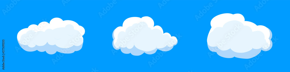 White cartoon clouds set isolated on blue background. Collection of different clouds for background template, wallpaper and fluffy sky design. Flat clouds concept. 3D clouds vector illustration White cartoon clouds set isolated on blue background. Collection of different clouds for background template, wallpaper and fluffy sky design. Flat clouds concept. 3D clouds vector illustration