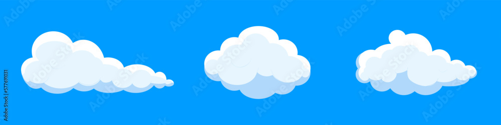 White cartoon clouds set isolated on blue background. Collection of different clouds for background template, wallpaper and fluffy sky design. Flat clouds concept. 3D clouds vector illustration White cartoon clouds set isolated on blue background. Collection of different clouds for background template, wallpaper and fluffy sky design. Flat clouds concept. 3D clouds vector illustration