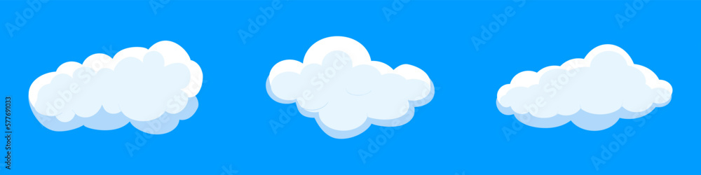 White cartoon clouds set isolated on blue background. Collection of different clouds for background template, wallpaper and fluffy sky design. Flat clouds concept. 3D clouds vector illustration White cartoon clouds set isolated on blue background. Collection of different clouds for background template, wallpaper and fluffy sky design. Flat clouds concept. 3D clouds vector illustration