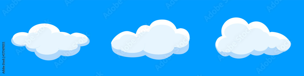 White cartoon clouds set isolated on blue background. Collection of different clouds for background template, wallpaper and fluffy sky design. Flat clouds concept. 3D clouds vector illustration White cartoon clouds set isolated on blue background. Collection of different clouds for background template, wallpaper and fluffy sky design. Flat clouds concept. 3D clouds vector illustration