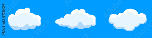 White cartoon clouds set isolated on blue background. Collection of different clouds for background template, wallpaper and fluffy sky design. Flat clouds concept. 3D clouds vector illustration