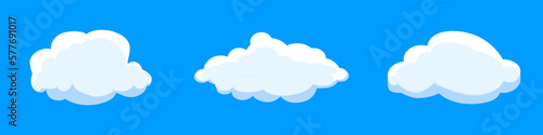 White cartoon clouds set isolated on blue background. Collection of different clouds for background template, wallpaper and fluffy sky design. Flat clouds concept. 3D clouds vector illustration