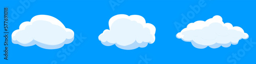 White cartoon clouds set isolated on blue background. Collection of different clouds for background template, wallpaper and fluffy sky design. Flat clouds concept. 3D clouds vector illustration