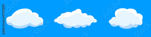 White cartoon clouds set isolated on blue background. Collection of different clouds for background template, wallpaper and fluffy sky design. Flat clouds concept. 3D clouds vector illustration