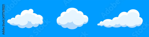 White cartoon clouds set isolated on blue background. Collection of different clouds for background template, wallpaper and fluffy sky design. Flat clouds concept. 3D clouds vector illustration