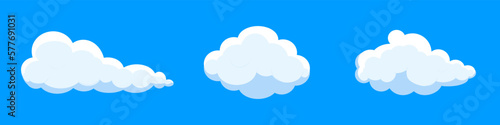 White cartoon clouds set isolated on blue background. Collection of different clouds for background template, wallpaper and fluffy sky design. Flat clouds concept. 3D clouds vector illustration