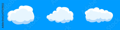 White cartoon clouds set isolated on blue background. Collection of different clouds for background template, wallpaper and fluffy sky design. Flat clouds concept. 3D clouds vector illustration