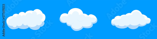 White cartoon clouds set isolated on blue background. Collection of different clouds for background template, wallpaper and fluffy sky design. Flat clouds concept. 3D clouds vector illustration