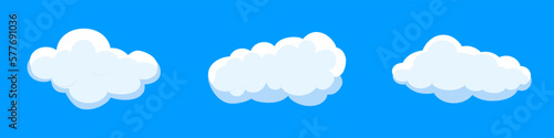 White cartoon clouds set isolated on blue background. Collection of different clouds for background template, wallpaper and fluffy sky design. Flat clouds concept. 3D clouds vector illustration