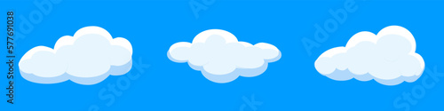 White cartoon clouds set isolated on blue background. Collection of different clouds for background template, wallpaper and fluffy sky design. Flat clouds concept. 3D clouds vector illustration