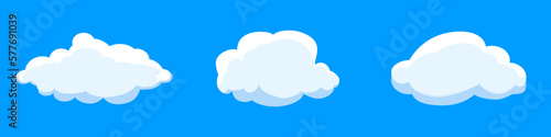 White cartoon clouds set isolated on blue background. Collection of different clouds for background template, wallpaper and fluffy sky design. Flat clouds concept. 3D clouds vector illustration