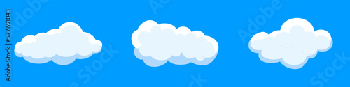 White cartoon clouds set isolated on blue background. Collection of different clouds for background template, wallpaper and fluffy sky design. Flat clouds concept. 3D clouds vector illustration