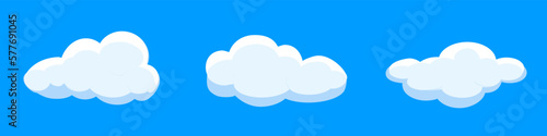 White cartoon clouds set isolated on blue background. Collection of different clouds for background template, wallpaper and fluffy sky design. Flat clouds concept. 3D clouds vector illustration