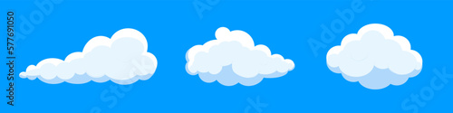 White cartoon clouds set isolated on blue background. Collection of different clouds for background template, wallpaper and fluffy sky design. Flat clouds concept. 3D clouds vector illustration