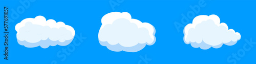 White cartoon clouds set isolated on blue background. Collection of different clouds for background template, wallpaper and fluffy sky design. Flat clouds concept. 3D clouds vector illustration