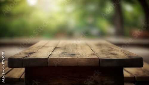 Wooden board empty table top on of blurred background. Generative ai