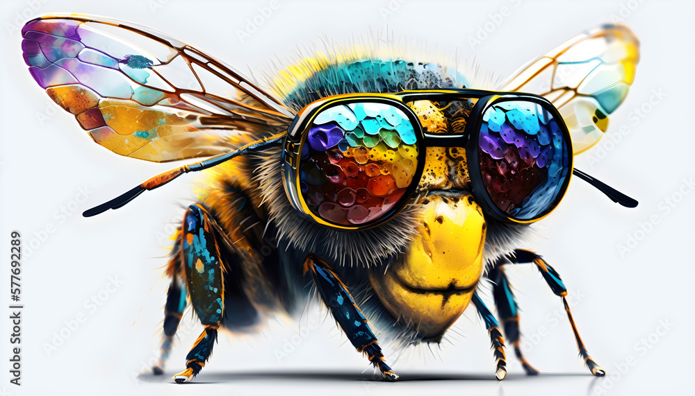 a cheerful bee in rainbow glasses and bright colors on a white