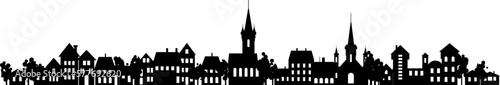 Old historic town silhouette skyline. Vector abstact flat row of houses, churches, buildings with trees, parks and gardens heigbourhood. Rural countryside architecture.