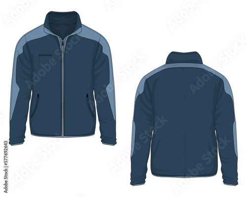 Blue men's warm jacket mockup front and back view