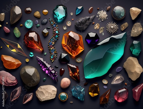 Beautiful collection of crystals and gemstones and minerals on a dark background. Luxury background, stone quartz, glass prism, amber, agate, carnelian, amethyst, nuggets. AI generated.