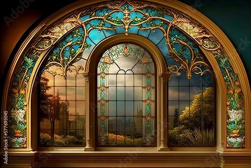 beautiful decoration arched windows with beautiful stained glass, created with generative ai