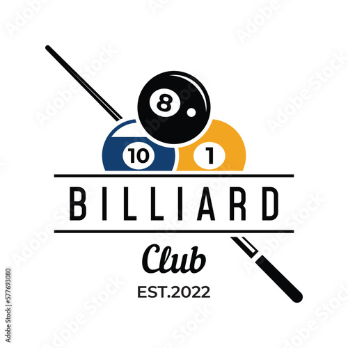 Billiard and cue stick creative logo template design. Logo of sport game billiard, club, tournament and championship.