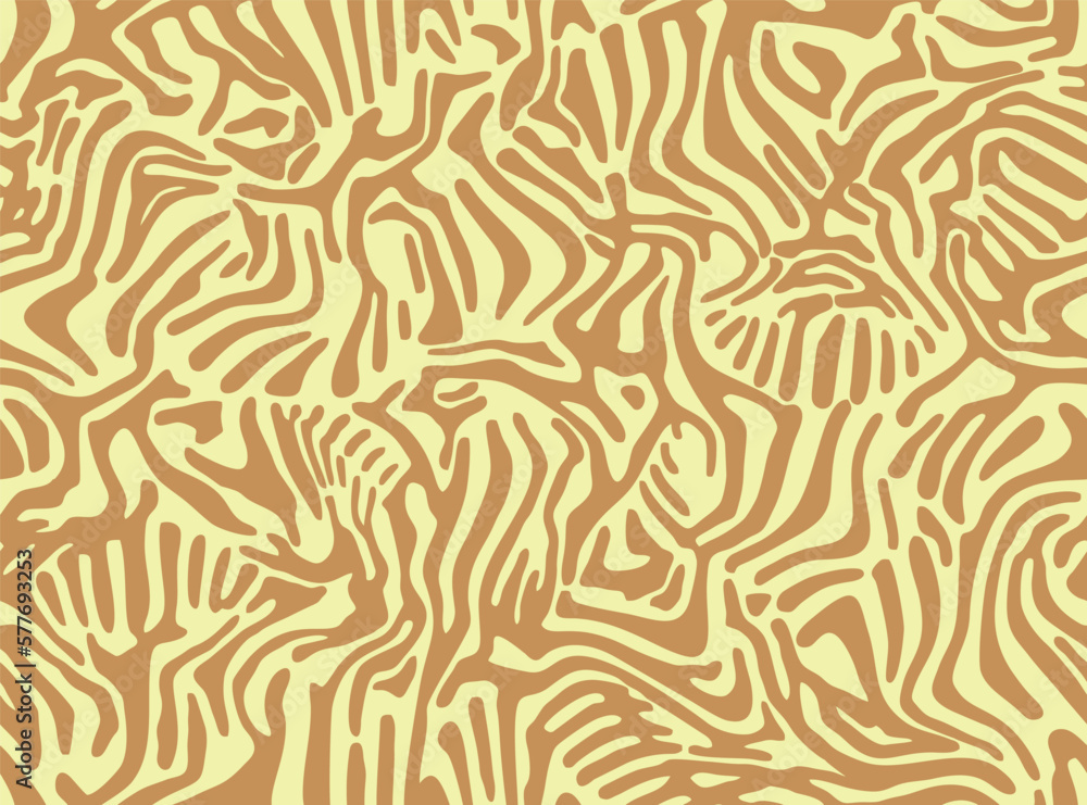 Zebra skin pattern. Seamless animal striped print. Tiger fur background. Hand drawn african safari wallpaper in a natural yellow and beige colors. Vector illustration
