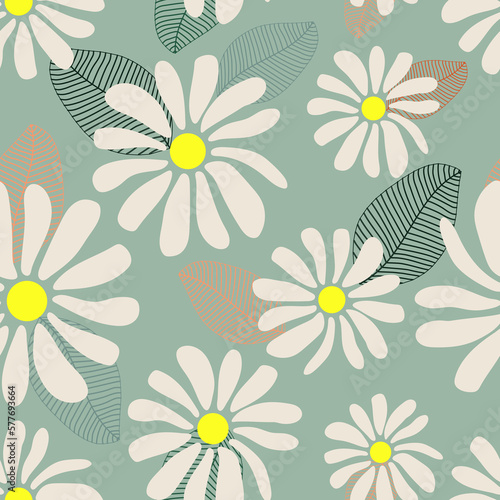 Fototapeta Naklejka Na Ścianę i Meble -  Wild chamomile flowers. Seamless floral summer pattern on a light blue background for printing on textiles. 