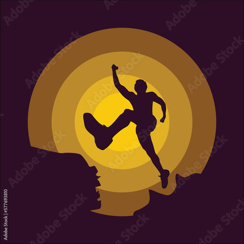 Leap  of faith, Silhouette of man jumping over cliff on sunset background , business concept