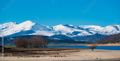 Landscape of the Ebro swamp and snow-capped mountains