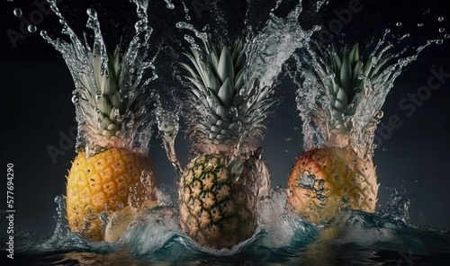  three pineapples splashing into the water on a black background.  generative ai