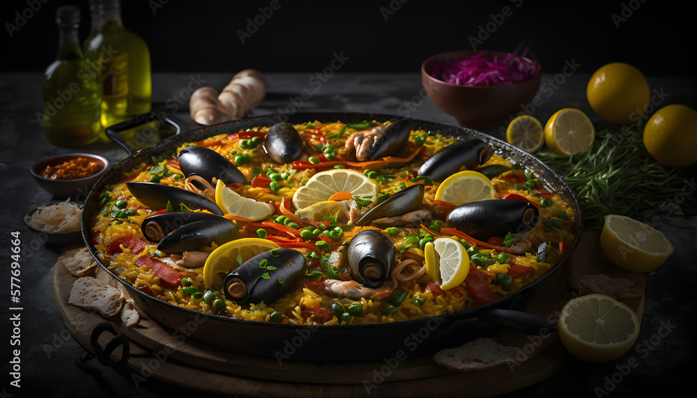 Spanish Paella cooking in a pot. Yellow Rise and vegetable meal.