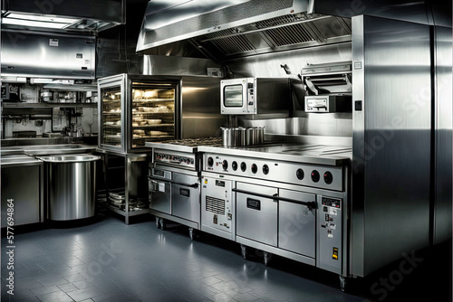  Professional cuisine in the restaurant. Interior design idea. Kitchen concept for designers and architects. Generative AI 