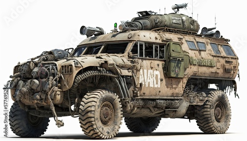 Post apocalypse military cat, tank, transport with weapon, wasteland armored off road machine