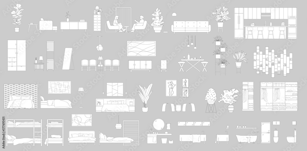 Collection of flat vector illustrations of furniture ideal for architectural design and design - obrazy, fototapety, plakaty 