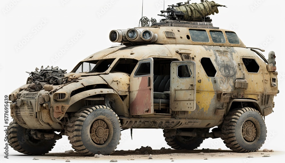 Post apocalypse military cat, tank, transport with weapon, wasteland armored off road machine Post apocalypse military cat, tank, transport with weapon, wasteland armored off road machine