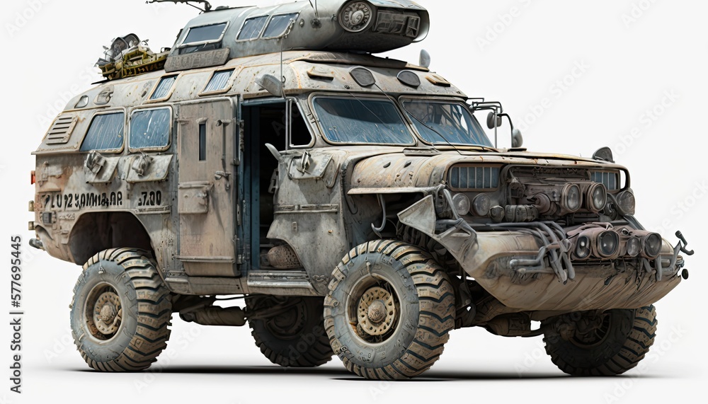 Post apocalypse military cat, tank, transport with weapon, wasteland armored off road machine