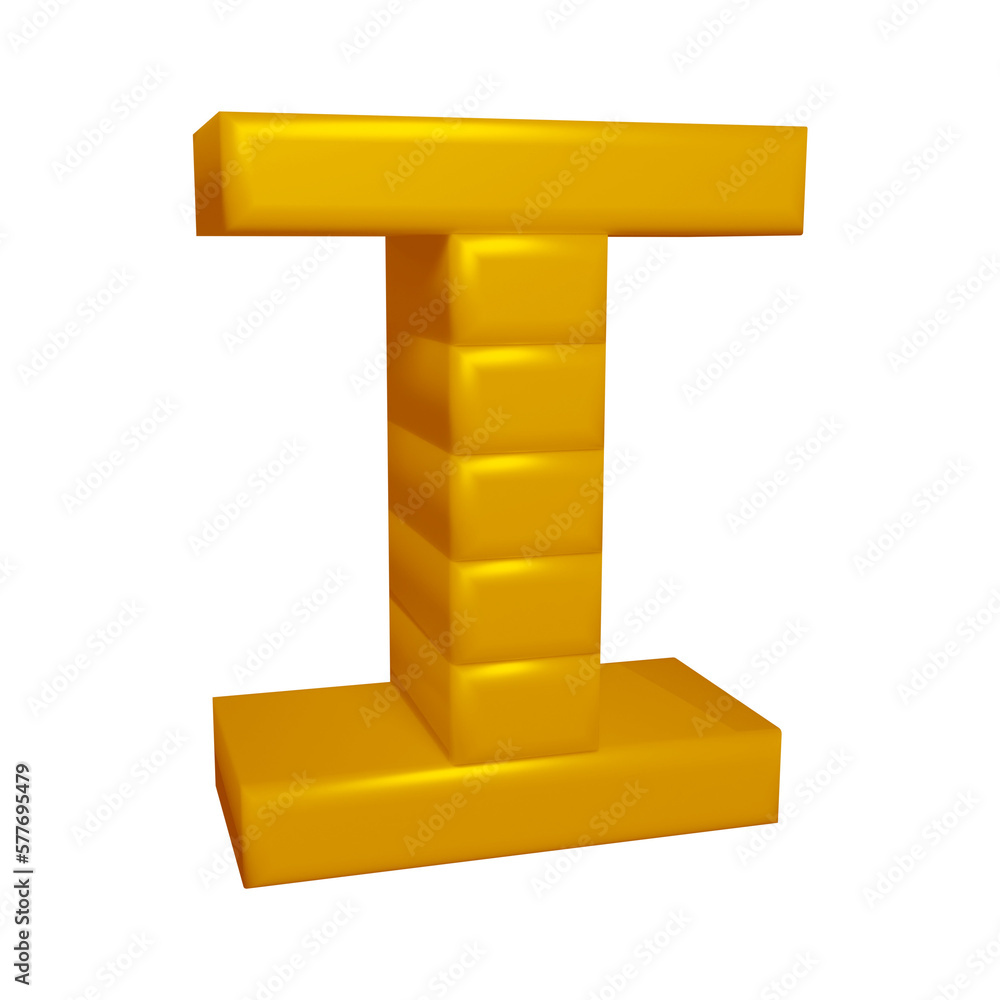 Golden alphabet letter i in 3d rendering
