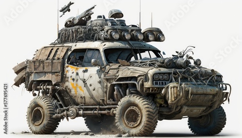Post apocalypse military cat, tank, transport with weapon, wasteland armored off road machine