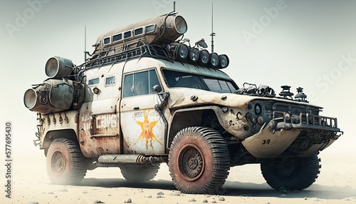 Post apocalypse military cat, tank, transport with weapon, wasteland armored off road machine photo