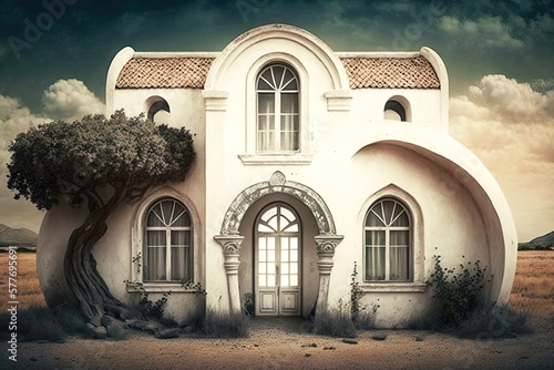 archaic house with white arched windows in window and entrance, created with generative ai photo